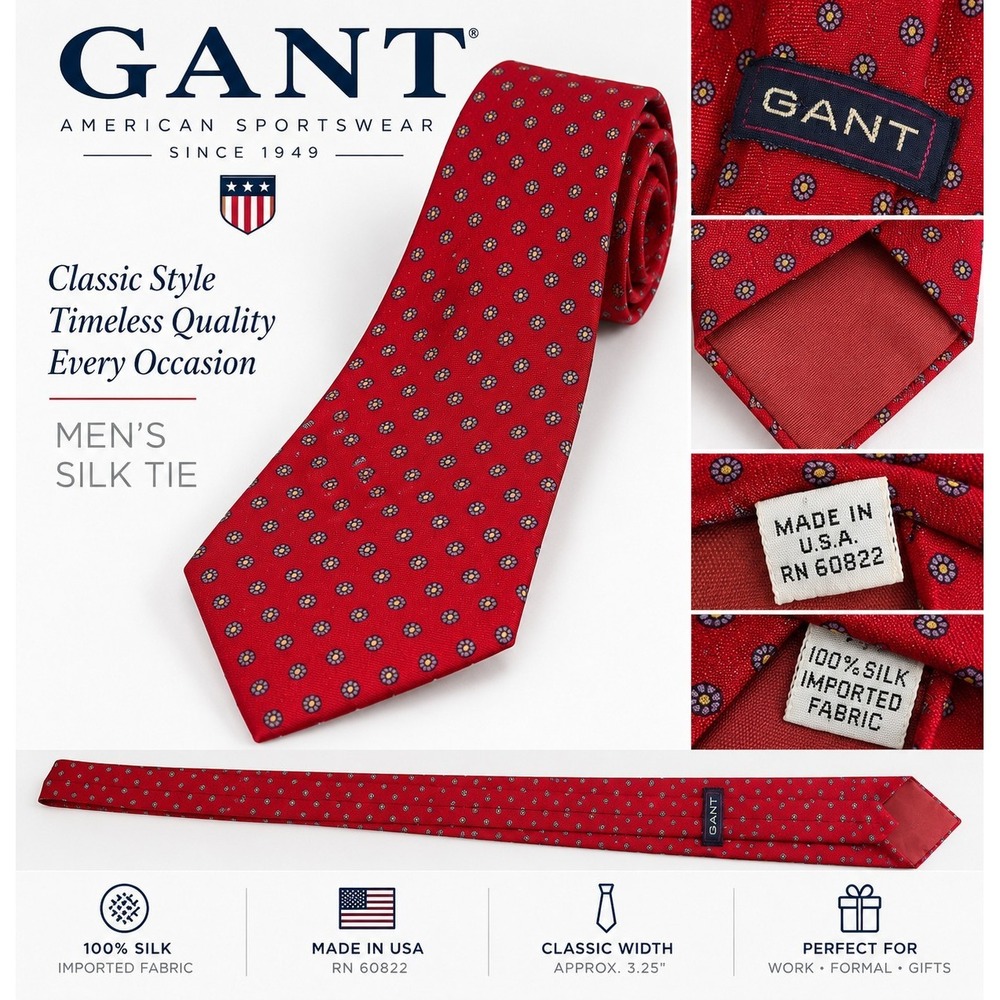 GANT Men's 100% Silk Tie Red Floral Medallion Made in USA Classic Necktie